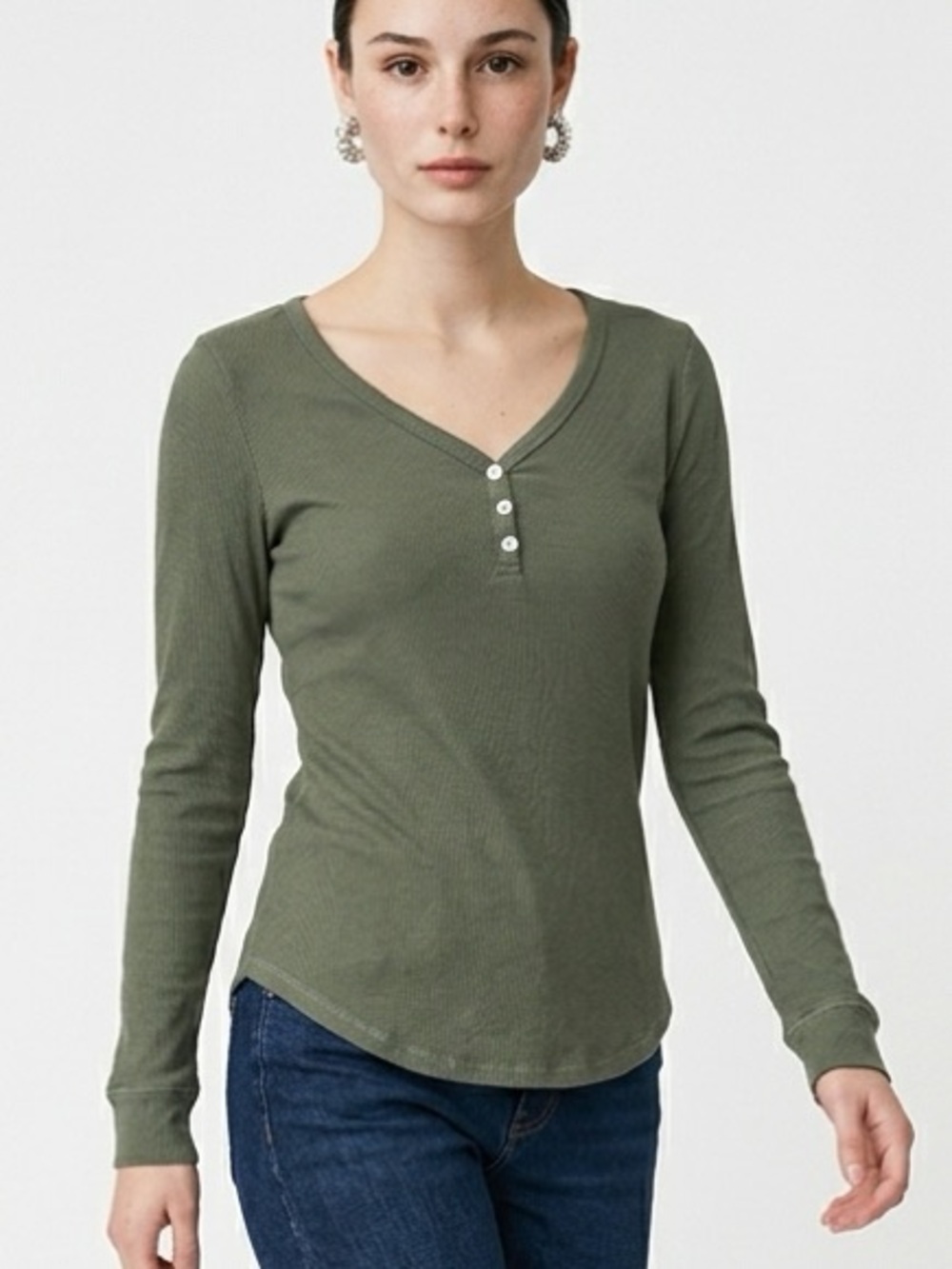 LuLaRoe Olive Ribbed V-Neck Henley Long Sleeve Top